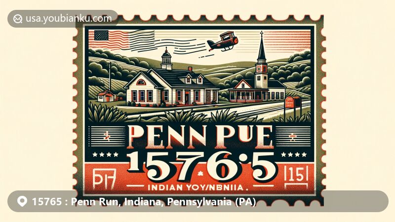 Modern illustration of Penn Run, Indiana County, Pennsylvania, showcasing postal theme with ZIP code 15765, featuring rural landscapes and lush greenery.