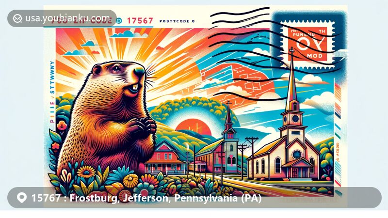 Modern illustration of Punxsutawney, Jefferson County, Pennsylvania, featuring Punxsutawney Phil and Frostburg Hopewell United Methodist Church, along with postal theme elements like stamps and ZIP code 15767, in a contemporary postcard design. Includes geographical details of being 80 miles northeast of Pittsburgh and cultural ties to the Lenape Indian tribe.