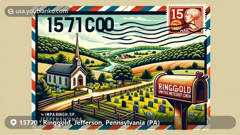 Modern illustration of Ringgold area in Jefferson County, Pennsylvania, showcasing rural American life with rolling hills, trees, fields, creeks, and lakes, featuring Ringgold United Methodist Church Cemetery and vintage postal theme.