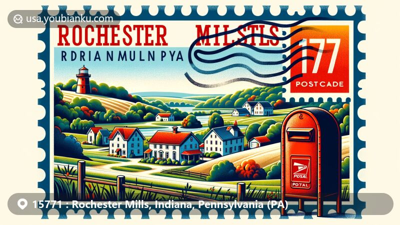 Modern illustration of Rochester Mills, Indiana County, Pennsylvania, capturing the tranquil and pastoral essence of the village with postal elements like a stamp frame and red mailbox, hinting at the region's geographic features.
