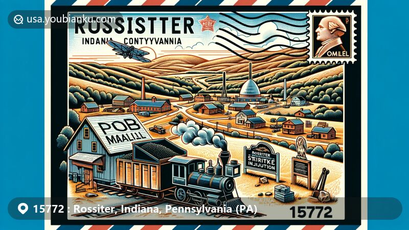 Modern illustration of Rossiter, Indiana County, Pennsylvania, featuring postal theme with ZIP code 15772, showcasing coal mining history and Rossiter Strike Injunction event. Landscape backdrop with rolling hills, coal mining elements, and postal motifs in airmail envelope.