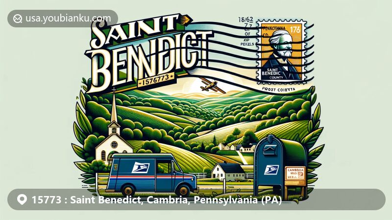 Modern illustration of Saint Benedict area in Cambria County, Pennsylvania with postal theme including ZIP code 15773, showcasing lush rural landscape and iconic postal elements.
