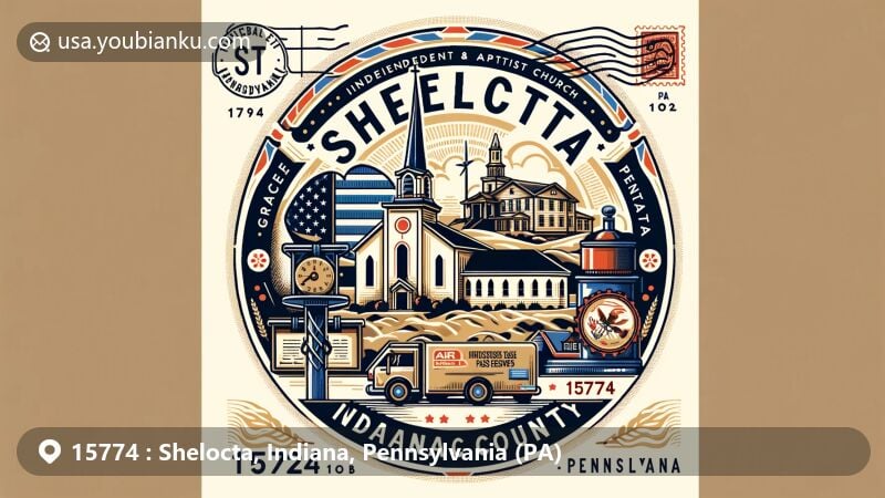 Modern illustration of Shelocta, Indiana County, Pennsylvania, featuring Grace Independent Baptist Church and natural gas reserves in a postal-themed setting with ZIP code 15774 and Pennsylvania state flag.