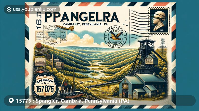 Modern illustration of Spangler, Cambria County, Pennsylvania, showcasing historical coal mining with vintage mine entrance and Reilly's Colliery #1, combining postcard elements like Pennsylvania state flag stamp and 'Spangler, PA 15775' postmark.