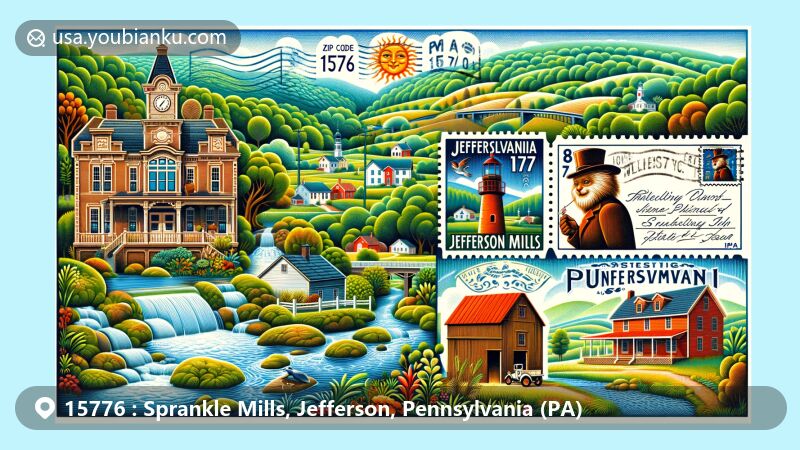 Modern illustration of Sprankle Mills, Jefferson, Pennsylvania, blending regional and postal elements, showcasing natural beauty of Pennsylvania Wilds with forests, rivers like Clarion River and Redbank Creek, featuring Punxsutawney Phil and vintage postal elements.