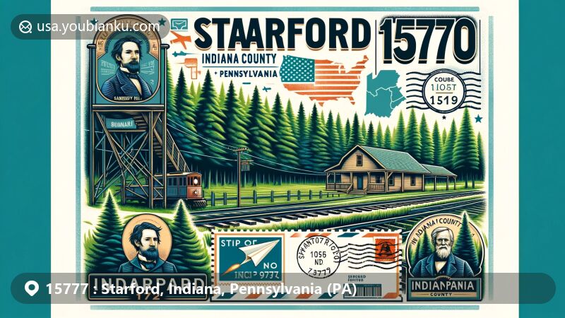 Modern illustration of Starford, Indiana County, Pennsylvania, featuring ZIP code 15777, showcasing Blue Spruce Park and historical symbolism of the abolition movement and Underground Railroad.