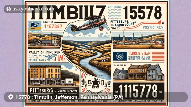 Modern illustration of Timblin in Jefferson County, Pennsylvania, with ZIP code 15778, featuring Pine Run valley, historic railroad line, and postal theme with a subtle integration of Pennsylvania state symbols.