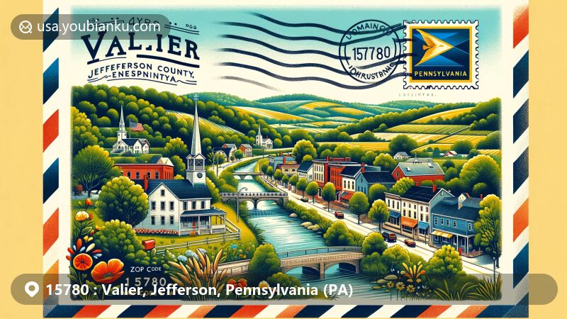 Modern illustration of Valier, Jefferson County, Pennsylvania, showcasing postal theme with ZIP code 15780, featuring vintage postcard design with Pennsylvania state flag stamp, capturing town's natural beauty and postal history.