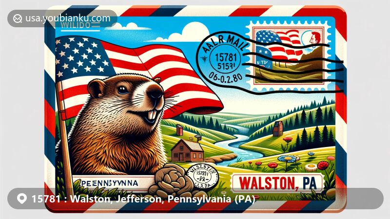 Modern illustration of Walston, Jefferson, Pennsylvania (PA), representing ZIP code 15781, featuring Gobbler's Knob scene with groundhog Phil predicting the weather, blending Pennsylvania state flag and local natural landscapes, with postal stamp marked '15781 Walston, PA'.