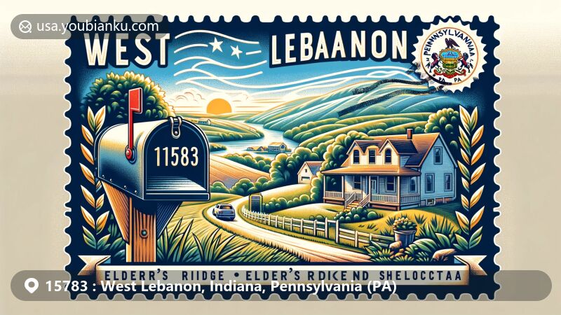 Modern illustration of West Lebanon, Pennsylvania, featuring a classic mailbox with postal theme and ZIP code 15783, incorporating Pennsylvania state flag.
