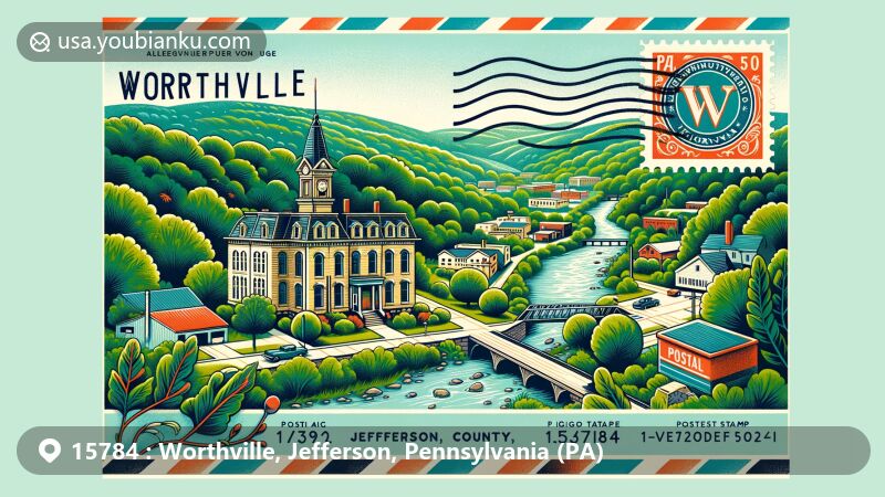 Modern illustration of Worthville, Jefferson County, Pennsylvania, showcasing postal theme with ZIP code 15784, featuring lush greenery of Allegheny River, iconic Worthville borough, and vintage postage elements.