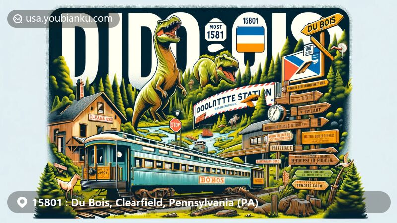Modern illustration of Du Bois, Pennsylvania, featuring ZIP code 15801, showcasing postal and regional characteristics with lush forests, wildlife, historical roots in the lumber industry, and Doolittle Station's eclectic mix, including a dinosaur-themed mini-golf course. Clearfield County outline and stylized Pennsylvania state flag provide geographical context, enhanced by postal elements like a mail truck and vintage-style postal stamp.