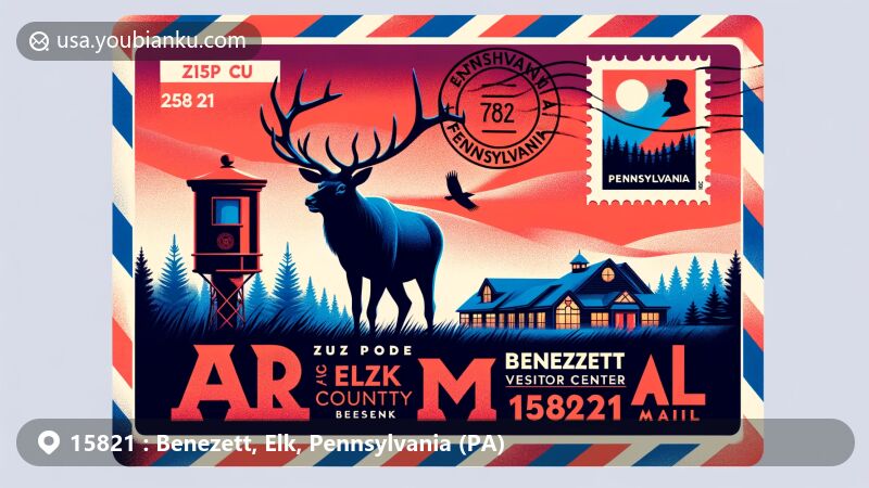 Modern illustration of Benezett area, Elk County, Pennsylvania, depicting ZIP Code 15821 in air mail envelope style with wild elk postage stamp, showcasing Elk Country Visitor Center and state flag.