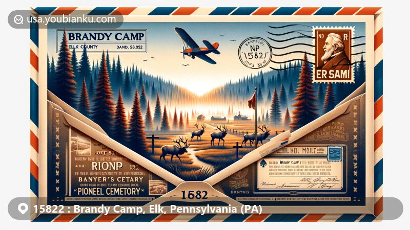 Modern illustration of Brandy Camp, Elk County, Pennsylvania, featuring vintage air mail envelope with Pioneer Cemetery historical marker and elk landscape, capturing the essence of the area.