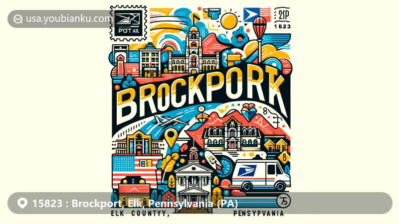 Modern illustration of Brockport, Elk County, Pennsylvania, emphasizing postal theme with ZIP code 15823, featuring Pennsylvania state flag, Elk County outline, and iconic Brockport landmarks.
