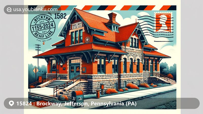 Modern illustration of Brockway station, Jefferson County, Pennsylvania, weaving Colonial Revival architecture with postal elements like postage stamp and postmark, featuring ZIP code 15824.