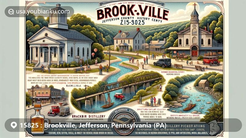 Illustration of Brookville, Jefferson County, Pennsylvania, with ZIP code 15825, showcasing historic landmarks like Brookville Presbyterian Church and Blackbird Distillery, as well as natural beauty of Redbank Creek confluence. The design features a postcard style with postal motifs.