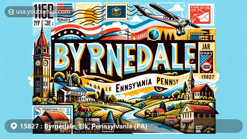 Modern illustration of Byrnedale, Elk County, Pennsylvania, showcasing postal theme with ZIP code 15827, featuring Pennsylvania state flag and Elk County's distinctive features.