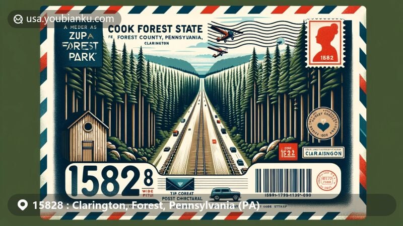 Modern illustration of Cook Forest State Park, Clarington, Forest County, Pennsylvania, featuring the iconic 'Forest Cathedral' with towering white pines and hemlocks, along with postal heritage elements like an airmail envelope, postage stamp with ZIP code 15828, and Clarington postmark.