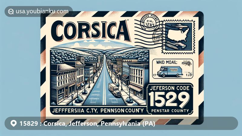 Vintage-style illustration of Corsica, Jefferson County, Pennsylvania, highlighting ZIP code 15829, featuring air mail envelope with geographic elements and historical hints like the 1873 fire and Interstate 80 groundbreaking.