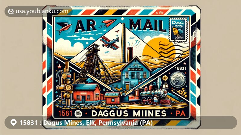 Modern illustration of Dagus Mines, Elk County, Pennsylvania, with postal theme showcasing ZIP code 15831, featuring coal mining industry, coal hoist and power plant imagery, as well as blacksmith shop representing the mining heritage, and the iconic Swedish Lutheran Church, reflecting cultural aspect of the community.