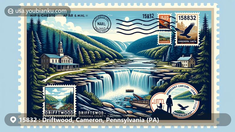Modern illustration of Driftwood, Cameron County, Pennsylvania, showcasing natural beauty with Wykoff Run Falls and Sinnemahoning Canyon Vista, surrounded by forests, wildlife, and historical elements.