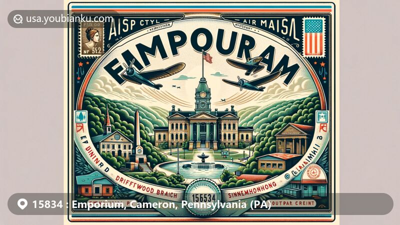 Modern illustration of Emporium, Cameron County, Pennsylvania, showcasing vintage-style air mail envelope design, featuring Cameron County Courthouse, First United Methodist Church, First Baptist Church, lush green surroundings, and postal elements like PA state flag stamp and 'Emporium, PA 15834' postmark.