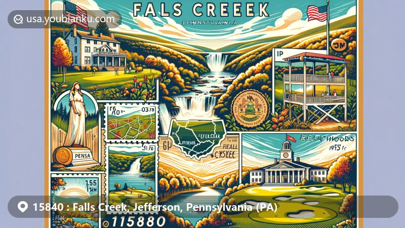Modern illustration of Falls Creek, Pennsylvania, featuring Laurel Mountain Vineyard, Beechwoods Golf Course, and Kyle Lake, with Pennsylvania's state flag, Jefferson County outline, and postal elements like stamp, postmark, and ZIP code 15840.
