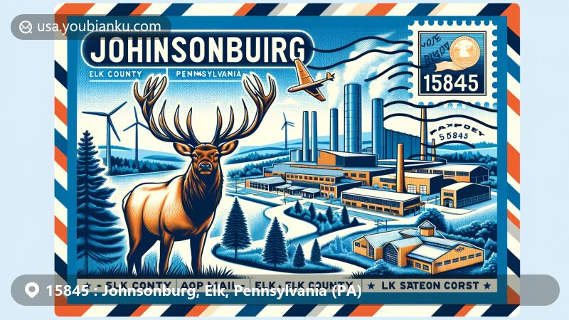 Modern illustration of Johnsonburg, Elk County, Pennsylvania, featuring Domtar paper mill representing industrial heritage, Elk Country Visitor Center, and Elk State Forest showcasing rich natural landscapes and wildlife.