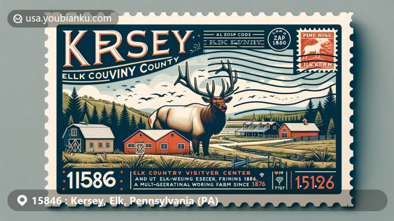 Modern illustration of Kersey, Elk County, Pennsylvania, featuring Elk Country Visitor Center and Pine Ridge Farm, highlighting local wildlife, natural beauty, and agricultural heritage.