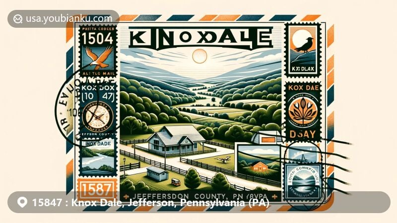 Modern illustration of Knox Dale, Jefferson County, Pennsylvania, capturing the serene beauty of rural Pennsylvania with Firemans Park as the focal point, surrounded by postal elements and local fauna and flora.