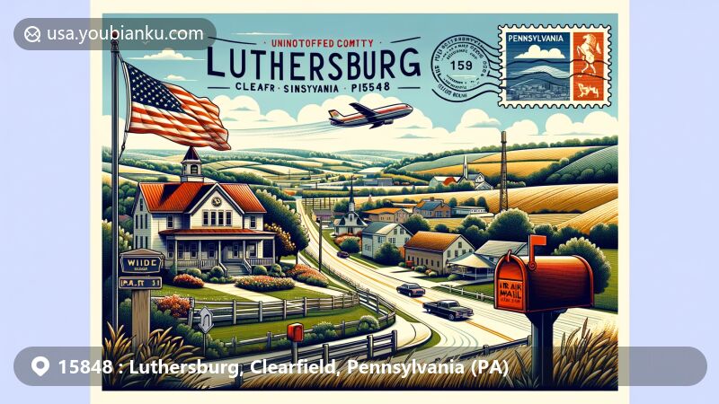Modern illustration of Luthersburg, Clearfield County, Pennsylvania, showcasing rural landscape with U.S. routes 219 and 322 intersection, Pennsylvania Route 410, state symbols, and postal elements.