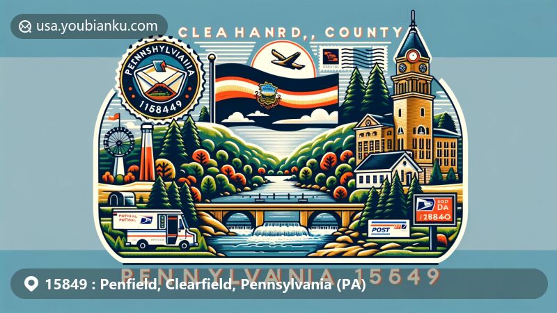 Modern illustration of Penfield, Clearfield County, Pennsylvania, featuring ZIP code 15849, showcasing Moshannon State Forest and Parker Dam State Park, incorporating state symbols and postal theme elements.