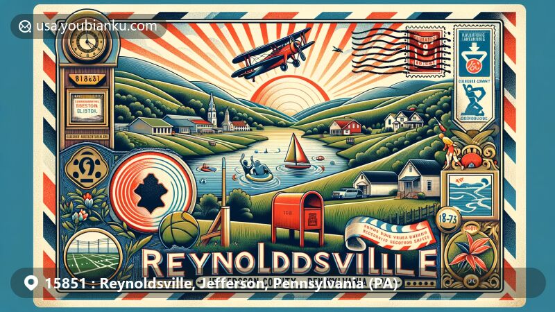 Modern illustration of Reynoldsville, Jefferson County, Pennsylvania, featuring postal theme with ZIP code 15851, showcasing rural landscapes, recreational activities, and connectivity to Interstate 80.