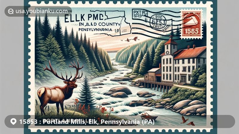 Modern illustration of Portland Mills, Elk County, Pennsylvania, highlighting lumber heritage, Elk County Courthouse, elk wildlife, and scenic forests, streams, and rivers, framed in a vintage postal theme with ZIP code 15853.