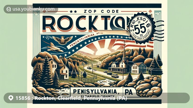 Modern illustration of Rockton, Clearfield County, Pennsylvania, showcasing rural charm and community spirit, featuring state symbols and natural beauty, with vintage postcard design highlighting ZIP code 15856.