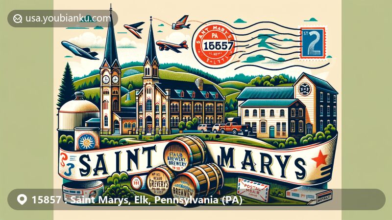 Modern illustration of Saint Marys, Elk County, Pennsylvania, showcasing postal theme with ZIP code 15857, featuring Straub Brewery and Bendigo State Park.