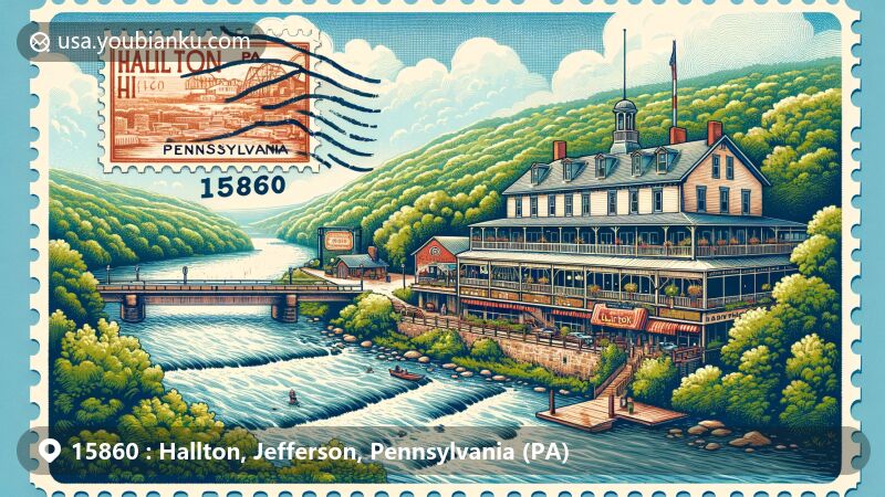 Modern illustration of Hallton Hilton, a historic family-owned bar and restaurant along Clarion River in Pennsylvania, featuring postal theme with vintage postcard layout and 'Hallton, PA 15860' text.