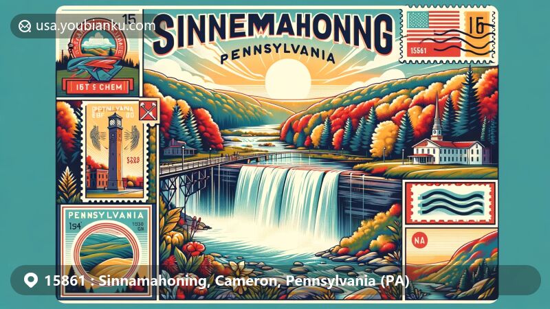 Modern illustration of Sinnamahoning, Pennsylvania (PA), highlighting natural beauty at Sinnemahoning State Park and Wykoff Run Falls, with symbols of Pennsylvania. Featuring '15861' ZIP code, postal stamps, and postmark to showcase region's charm and postal culture.