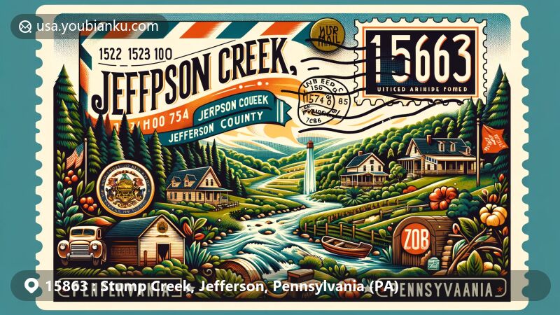 Modern illustration of Stump Creek, Jefferson County, Pennsylvania, showcasing postal theme with ZIP code 15863, featuring vintage postcard elements and lush surroundings.