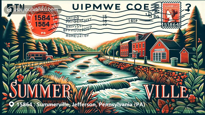 Modern illustration of Summerville, Pennsylvania, showcasing Redbank Creek and postal theme with ZIP code 15864, featuring vintage postal elements and natural scenery.