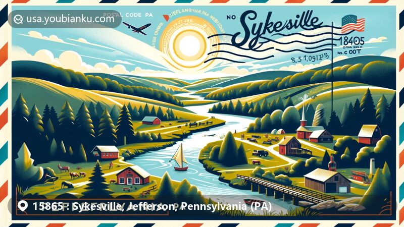 Modern illustration of Sykesville, Jefferson County, Pennsylvania, capturing the essence of small-town charm and outdoor activities like hiking and fishing, featuring iconic symbols of Pennsylvania and Stump Creek, paying homage to the town's history and community connection.
