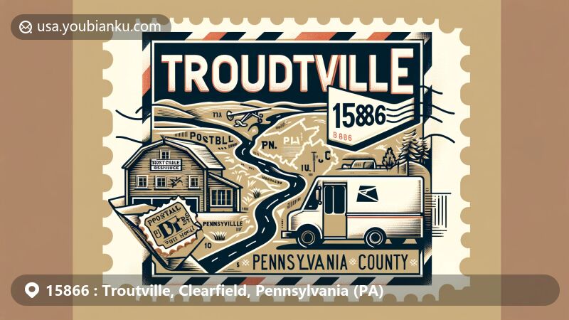 Modern illustration of Troutville, Clearfield County, Pennsylvania, with postal theme featuring vintage air mail envelope, postage stamp highlighting Clearfield County within Pennsylvania, and postal truck.