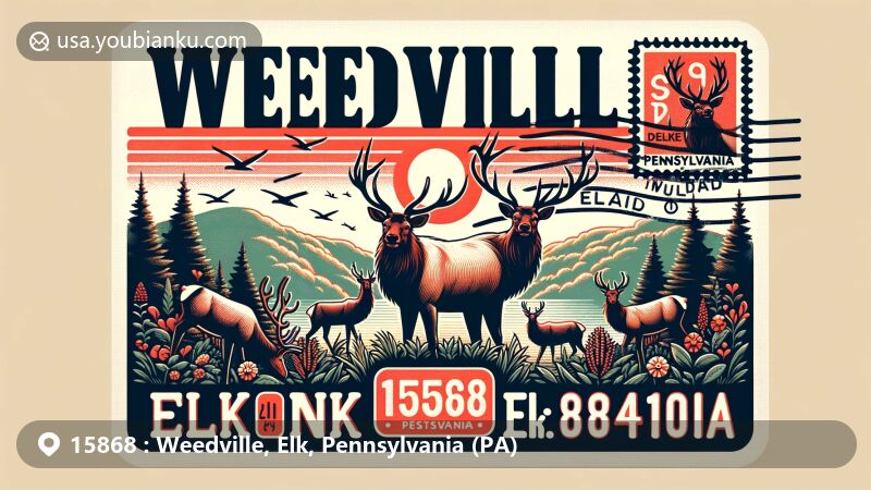 Modern illustration of Weedville, Elk County, Pennsylvania, incorporating postal theme with ZIP code 15868, featuring wild elk and Allegheny Mountains, showcasing natural landscapes and wildlife of the area.