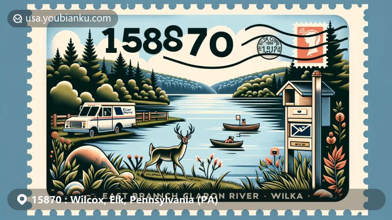 Modern illustration of Wilcox, Elk County, Pennsylvania (PA), depicting East Branch Clarion River Lake and dense forests, symbolizing natural beauty and outdoor activities, with a deer representing local wildlife, featuring creative stamp, postmark, mailbox, postal van, Elk County silhouette, and PA state flag.