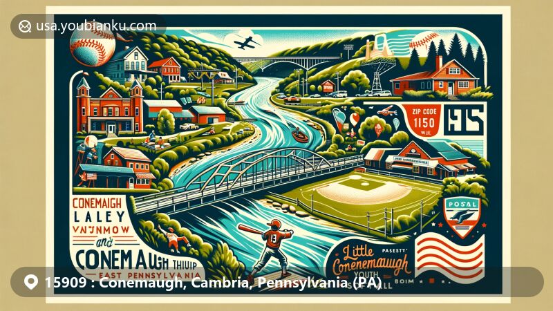 Modern illustration of Conemaugh area in Cambria County, Pennsylvania, highlighting natural beauty and postal culture with ZIP code 15909, showcasing scenic river, community sports, memorial park, and postal elements.