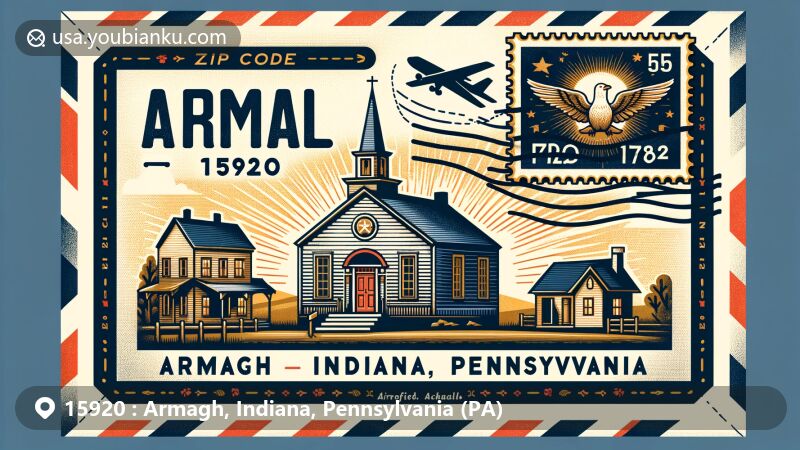 Modern illustration of Zip Code 15920 in Armagh, Indiana, PA, featuring airmail envelope with historical elements like log cabin representing founding by Irish settlers in 1792, Wheatfield Presbyterian Church, Pennsylvania state, and Indiana County.