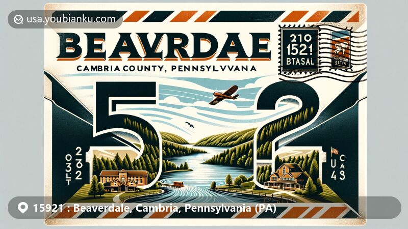 Modern illustration of Beaverdale, Cambria County, Pennsylvania, showcasing postal theme with ZIP code 15921, featuring Beaverdale Reservoir, lush forests, and rolling hills, capturing the essence of Western Pennsylvania's natural beauty and community lifestyle.