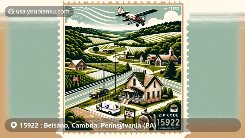Modern illustration of Belsano, Cambria County, Pennsylvania, featuring lush green landscapes, unincorporated community with a post office symbolizing postal history, airmail envelope, postage stamp showing ZIP code 15922, postmark, and subtle reference to location coordinates (40°31'10