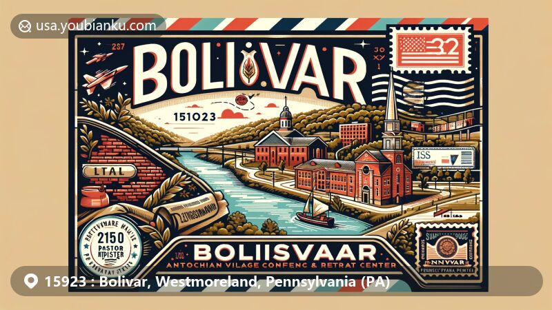 Modern illustration of Bolivar, Westmoreland County, Pennsylvania, showcasing Conemaugh River, Antiochian Village Conference and Retreat Center, postal stamp with Pennsylvania state flag, and red brick elements, highlighting ZIP Code 15923.